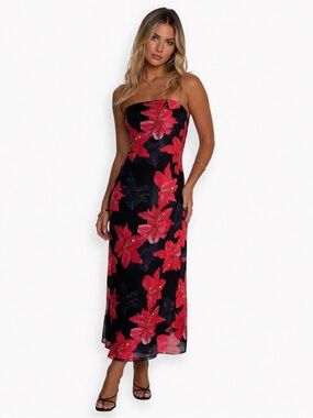 Princess Polly Celik Strapless Maxi Dress Black Floral Mesh NWT Size US 2